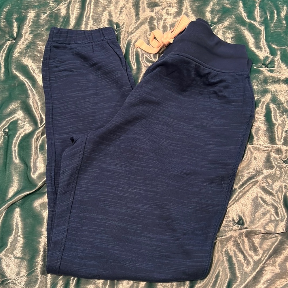 Jcrew dark blue sweatpants that cuff at the bottom.